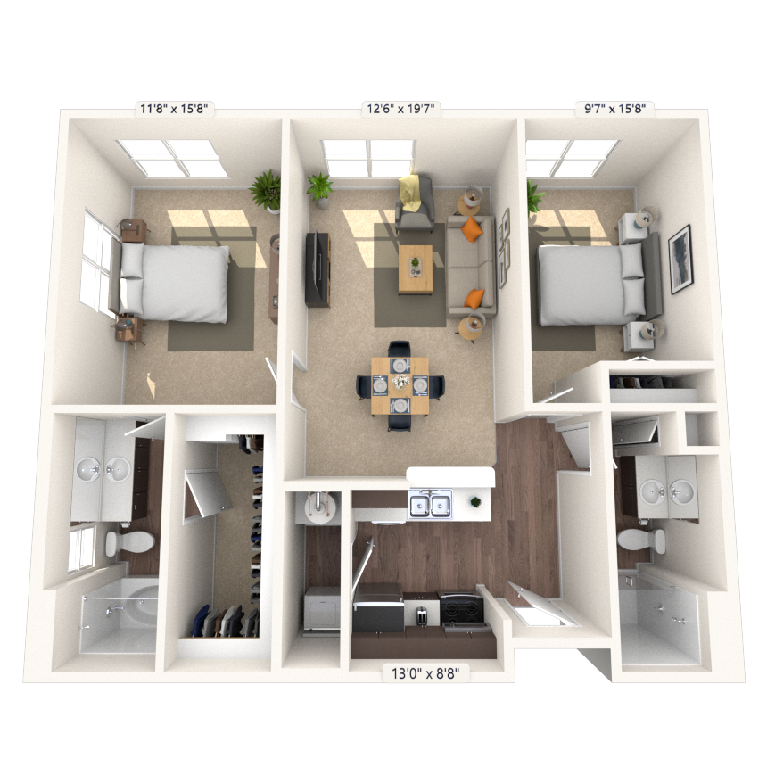 Floor plan for 2 beds, 2 baths, 1154 sqft